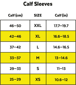 ZEROPOINT Pro Racing Compression Calf Sleeves size chart