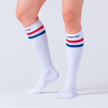 Load image into Gallery viewer, Zeropoint Compression Socks White with Stripes running
